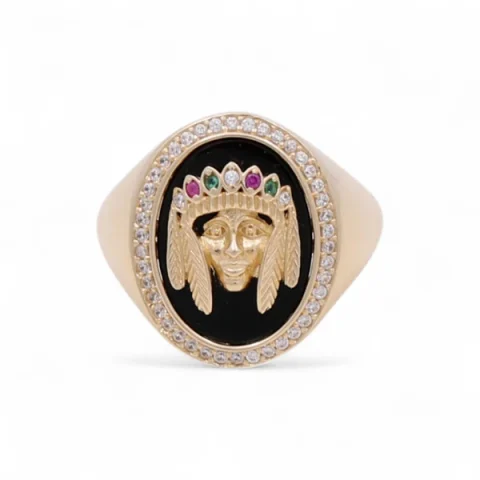 14K Yellow Gold Indian Oval Men's Ring with Onyx and Cz / Size: 10.5 / Weight: 8.1 GR / CQMR4IN-1