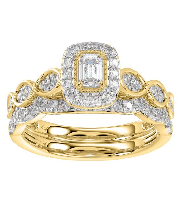 LADIES BRIDAL SET 1.00CT ROUND/EMERALD DIAMOND 14K YELLOW GOLD SIZE 7