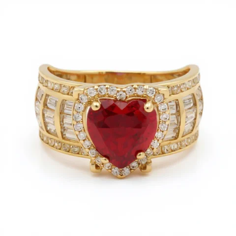 14K Yellow Gold Baguette Heart Women's Ring with Orange and White Cz / Size: 7.5 / Weight: 5.4 GR / BOWR4HR-15