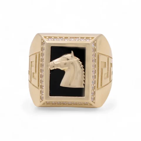14K Yellow Gold Fashion SQ Horse Men's Ring with Onyx and Greek / Cz / Size: 10 / Weight: 11.9 GR / CQMR4HR