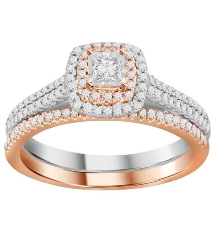 LADIES BRIDAL SET 0.50CT ROUND/PRINCESS DIAMOND 14K WHITE/ROSE GOLD SIZE 7