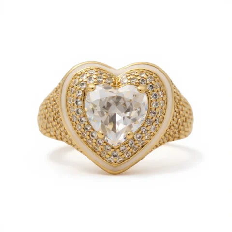 14K Yellow Gold Fashion Heart Women's Ring with White Cz / Size: 8 / Weight: 5.6 GR / BOWR4HR-17