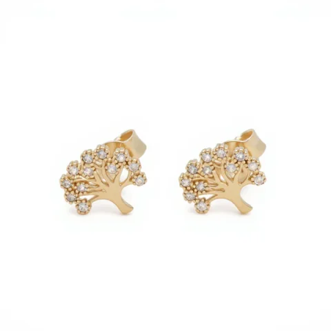 10K Yellow Gold Tree of Live Stud Earrings with Cz / Weight: 1GR / CQES0TL