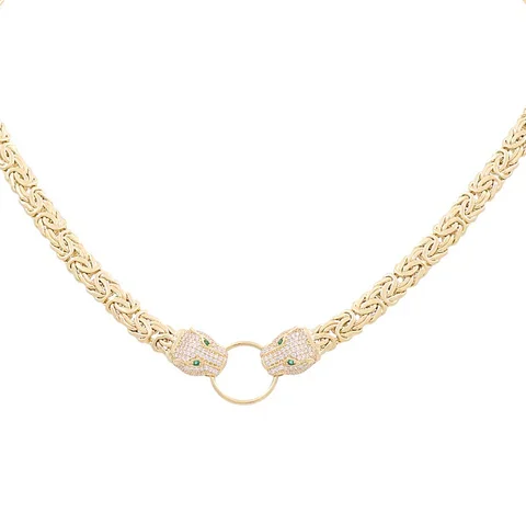 14K Yellow Gold Women's Fashion Byzantine Link Necklace with Panther / CZ / Size: 17" / Weight: 20.5 GR / DPNK4PTBZ