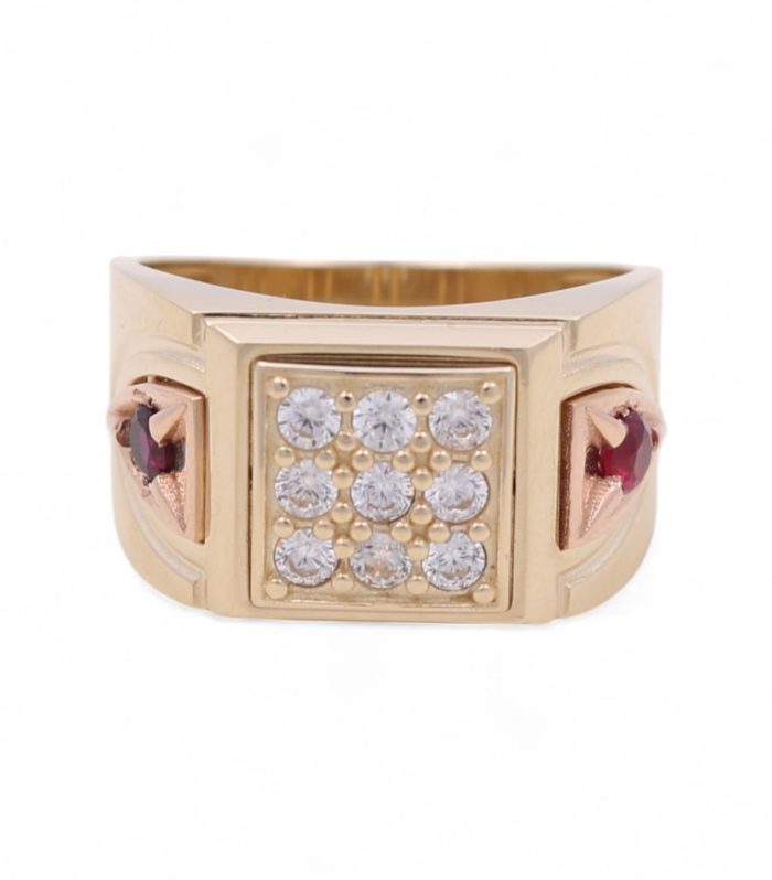 14K Yellow and Rose Gold Fashion Men's Ring with Red and White Cz / Size: 11.5 / Weight: 6.1 GR / DQMRTT4FS