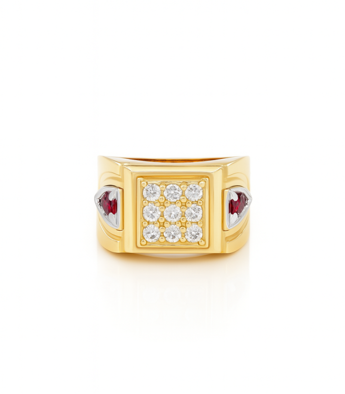 14K Yellow and White Gold Fashion Men's Ring with Red and White Cz / Size: 10.5 / Weight: 6.2 GR / DQMRTT4FS