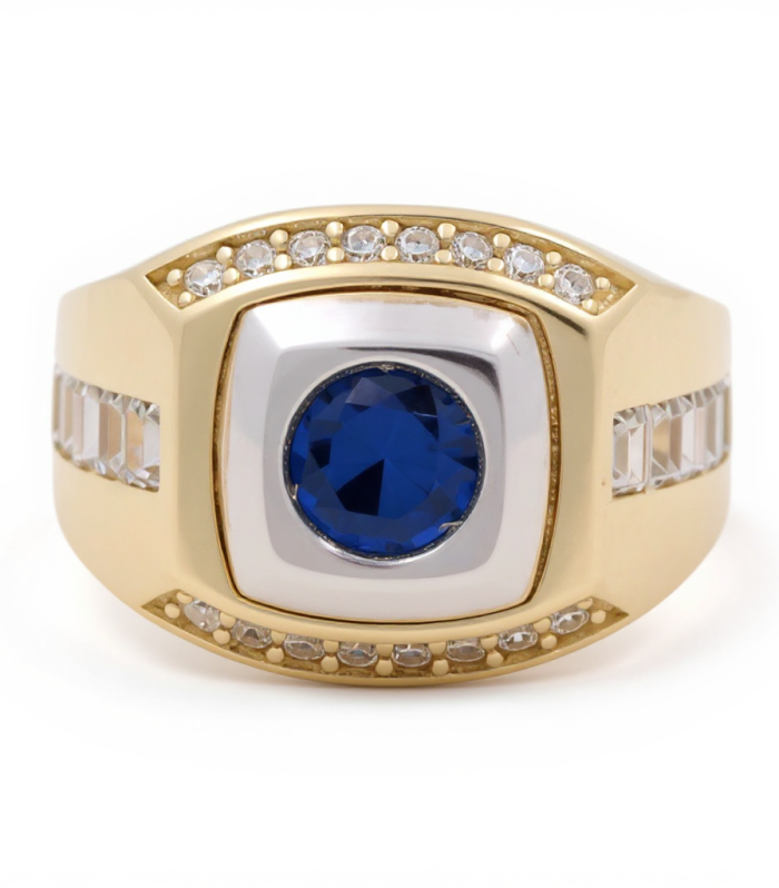 10K Two Tone Gold Men’s Blue Stone Ring w/ side Baguette / Cz / Size 11.5 / Weight: 5.3 GR /CQMR0FS-1