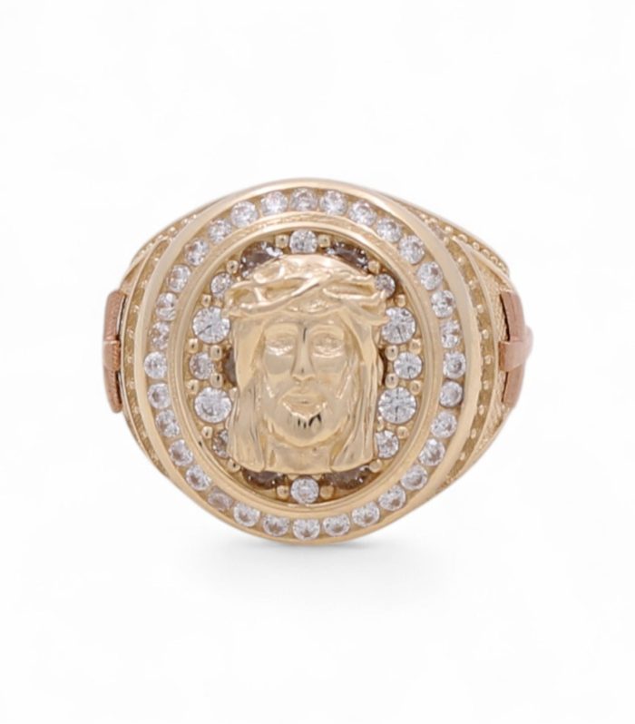 14K Yellow and Rose Gold Christ Head Men's Ring with White Cz / Size: 11.5 / Weight: 9.8 GR / DQMRTT4CR