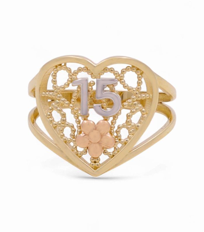 14K Yellow, White and Rose Gold Quinceañera Women's Ring with Heart / Weight: 2.3 GR / Size:7 / CPWR3T4-HR15