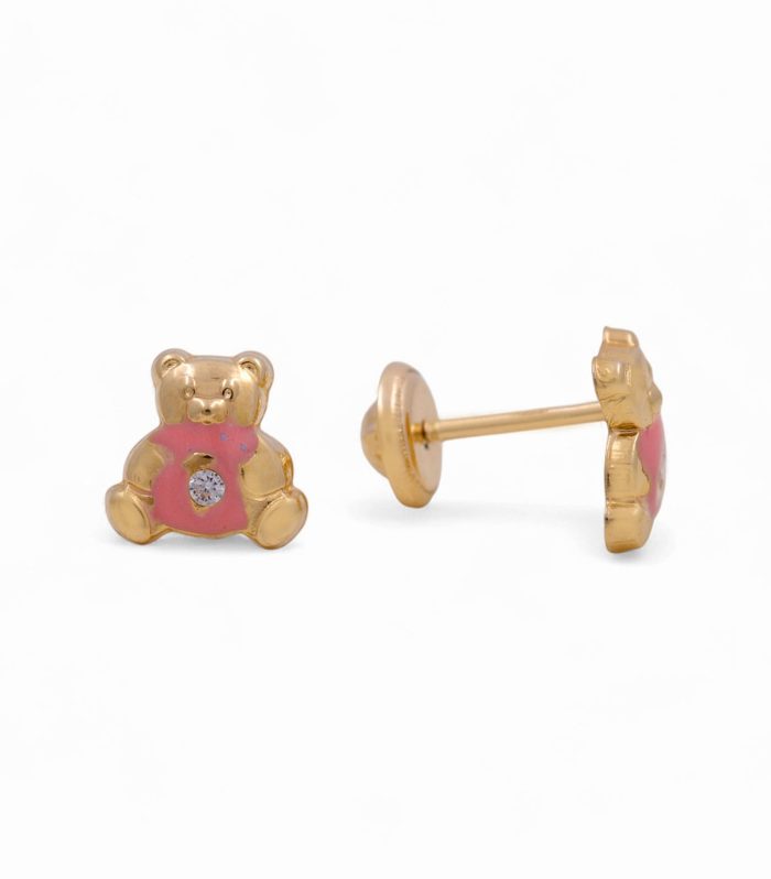 14k Yellow Gold Pink Bear Stud Earrings with Cz / 6-438401PS
