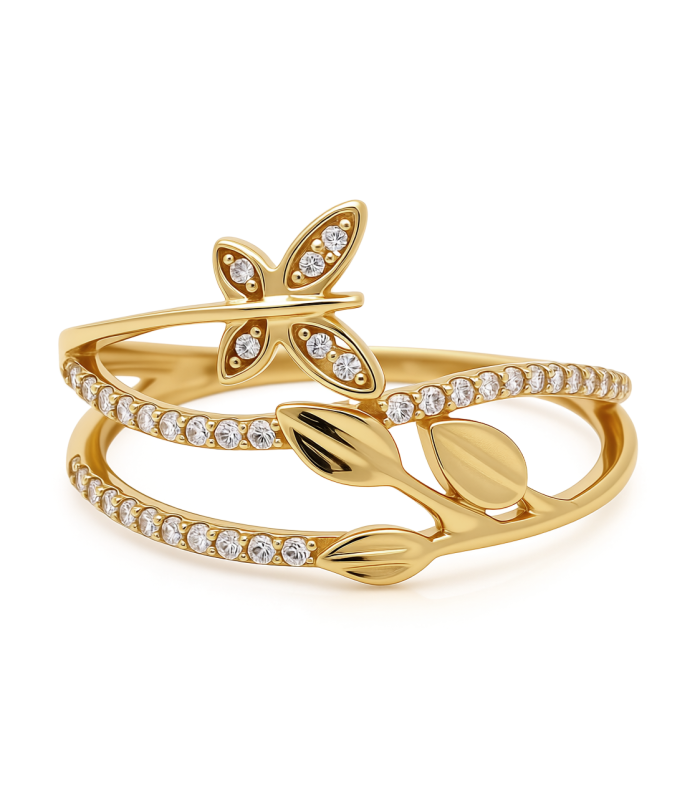 14K Yellow Gold Butterfly with Leaves Women's Ring with Cz / Size: 7.5 / Weight: 2.2 GR / CEEWR4BT-3