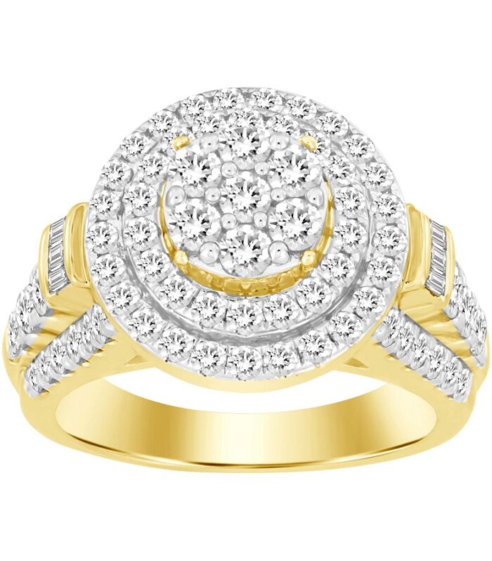 LADIES RING 2.00CT ROUND/BAGUETTE DIAMOND 10K YELLOW GOLD