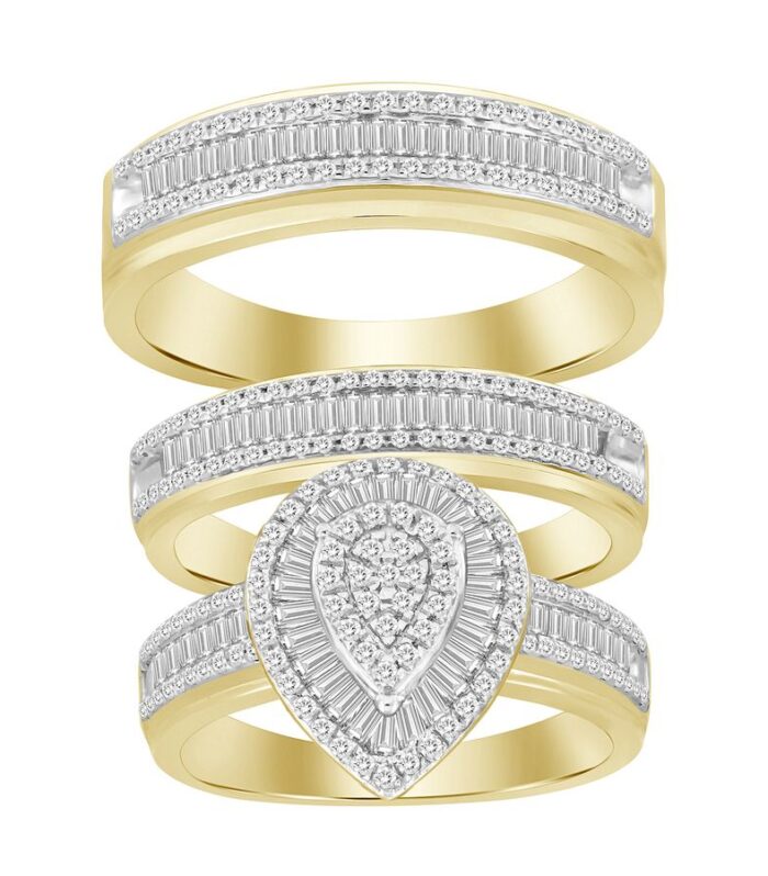 LADIES TRIOS SET 1.00CT ROUND/BAGUETTE DIAMOND 14K YELLOW GOLD
