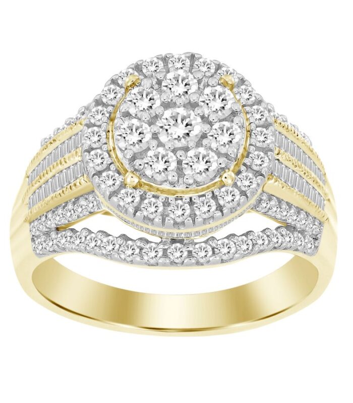 LADIES FASHION RING 1.00CT ROUND/BAGUETTE DIAMOND 10K YELLOW GOLD