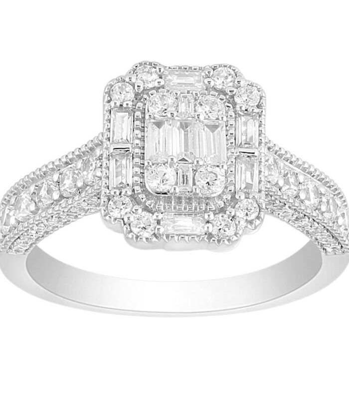 LADIES RING 1.00CT ROUND/BAGUETTE DIAMOND 14K WHITE GOLD