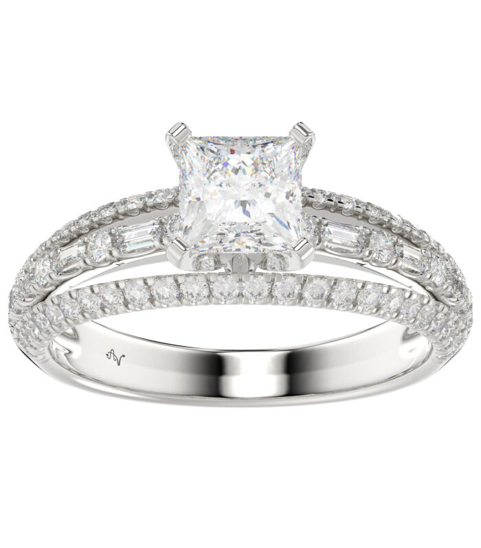 LADIES SEMI MOUNT RING 0.50CT ROUND/PRINCESS/BAGUETTE DIAMOND 14K WHITE GOLD (SI QUALITY) (CENTER STONE 1.00CT PRINCESS DIAMOND)