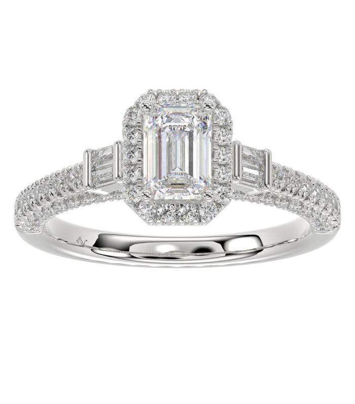 LADIES RING 1.30CT ROUND/BAGUETTE DIAMOND 14K WHITE GOLD (SI QUALITY) (CENTER STONE 0.75CT EMERALD DIAMOND)