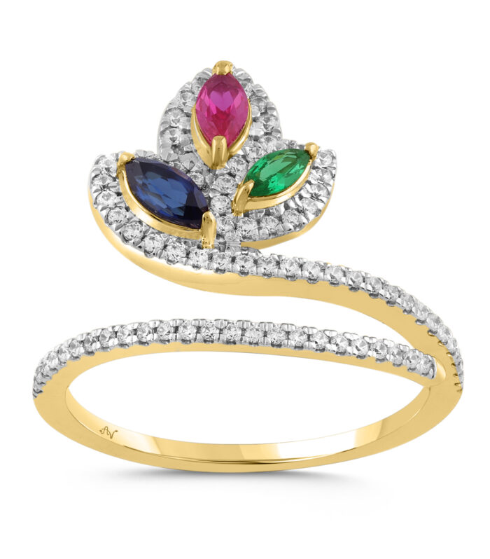 LADIES RING 0.75CT ROUND/RUBY/EMERALD SAPPHIRE 14K YELLOW GOLD (CENTER STONE 0.40CT MARQUISE SAPPHIRE RUBY EMERALD DIAMOND)