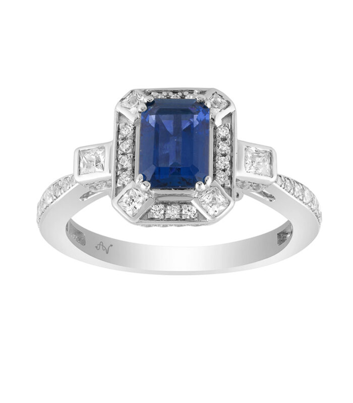 LADIES RING 1.50CT ROUND/PRINCESS/BLUE SAPPHIRE EMERALD DIAMOND 14K WHITE GOLD (CENTER STONE 0.90CT BLUE SAPPHIRE EMERALD DIAMOND)