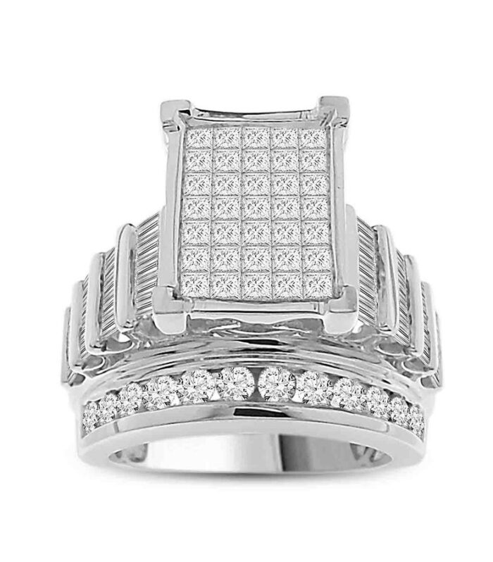 LADIES RING 3.00CT ROUND/PRINCESS/BAGUETTE DIAMOND 10K WHITE GOLD
