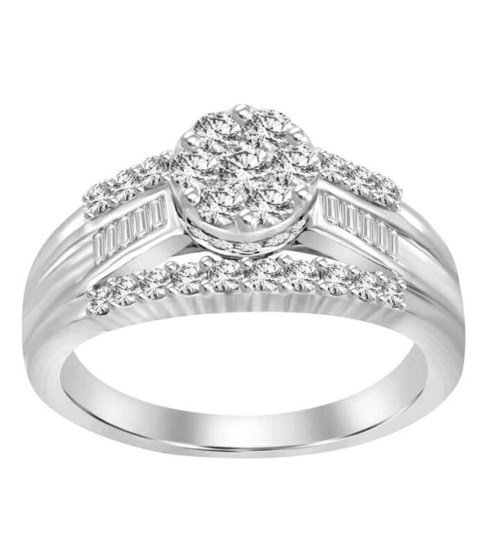 LADIES RING 1.00CT ROUND/BAGUETTE DIAMOND 10K WHITE GOLD