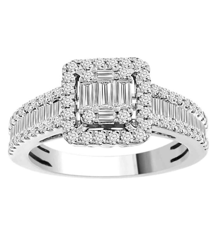 LADIES RING 1.00CT ROUND/BAGUETTE DIAMOND 14K WHITE GOLD