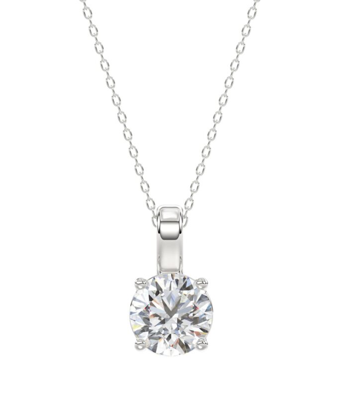 LADIES SOLITAIRE PENDANT WITH CHAIN 1 1/2CT ROUND DIAMOND 14K WHITE GOLD