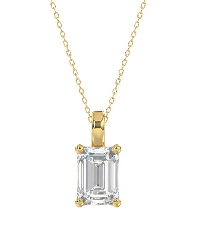 LADIES SOLITAIRE PENDANT WITH CHAIN 3CT EMERALD DIAMOND 14K YELLOW GOLD