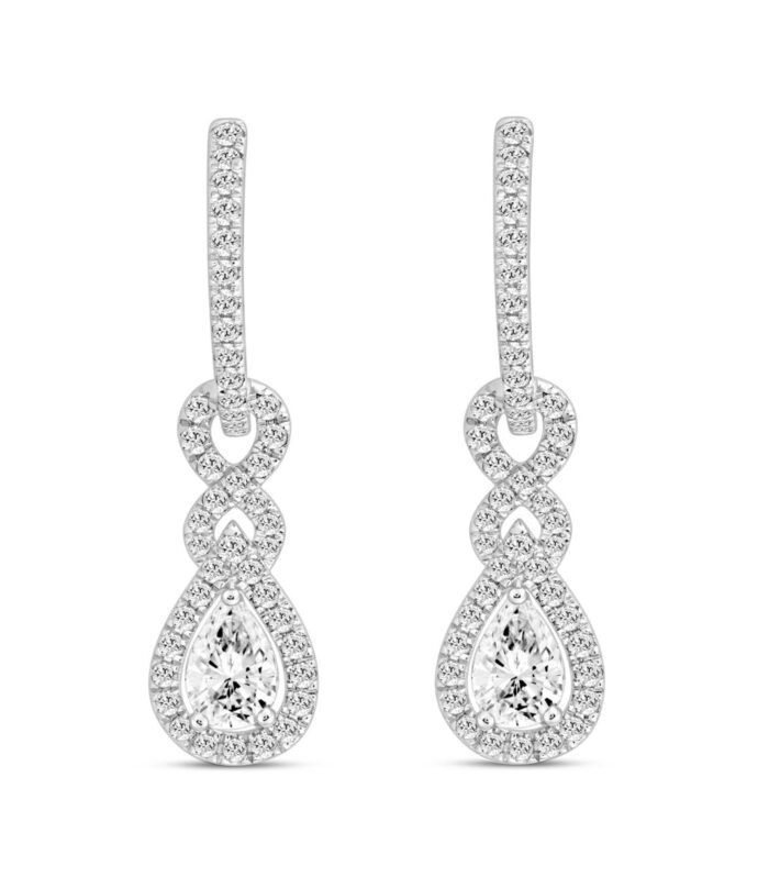 LADIES HOOPS EARRINGS 2.00CT ROUND/PEAR DIAMOND 14K WHITE GOLD