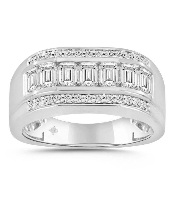 MENS RING  2.00CT ROUND/EMERALD DIAMOND 14K WHITE GOLD
