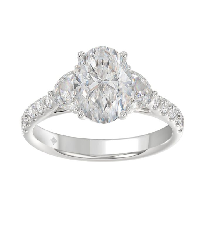 LADIES RING 3CT ROUND/OVAL/HALF MOON DIAMOND 14K WHITE GOLD (CENTER STONE OVAL DIAMOND 2CT )
