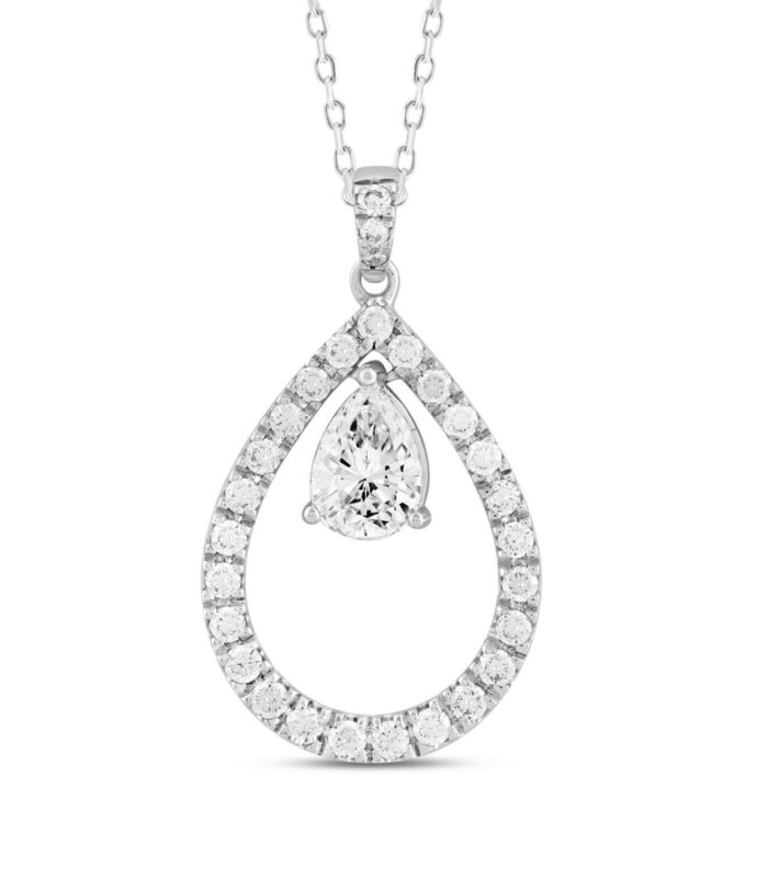 14K WHITE GOLD 1.00CT ROUND/PEAR DIAMOND LADIES PENDANT WITH CHAIN