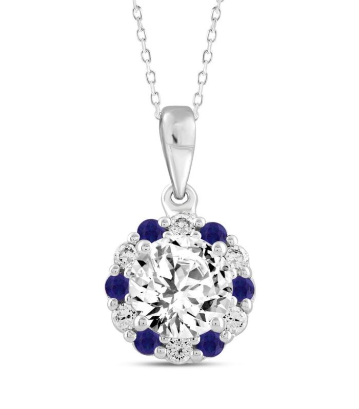 14K WHITE GOLD 1 1/4CT ROUND/ ROUND BLUE SAPPHIRE DIAMOND LADIES PENDANT (CENTER STONE ROUND DIAMOND 1CT)