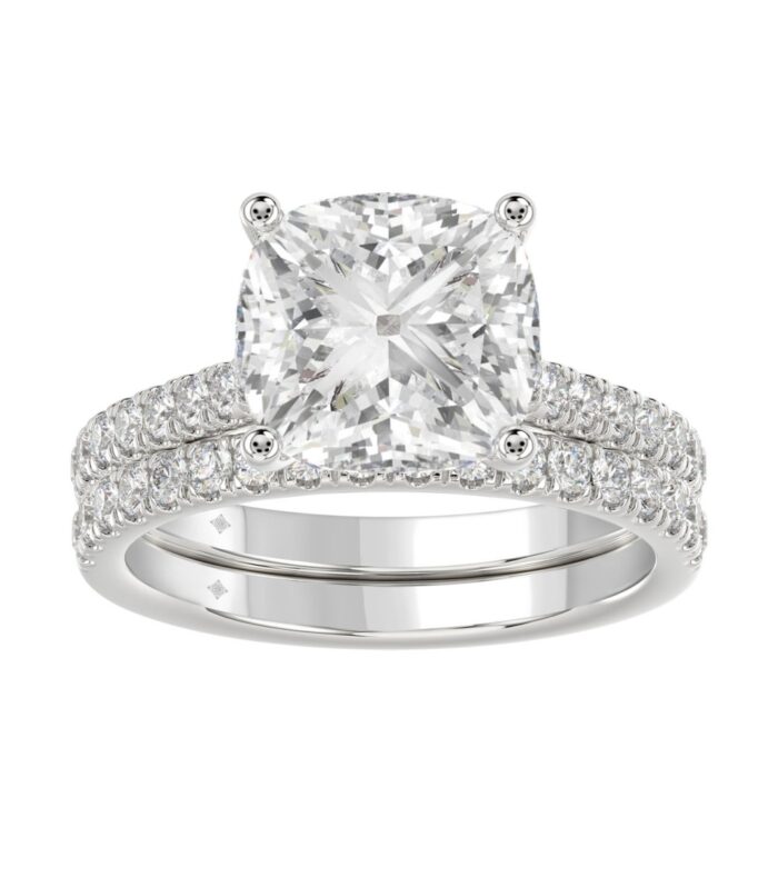LADIES BRIDAL SET 3 1/2CT ROUND/CUSHION DIAMOND 14K WHITE GOLD (CENTER STONE CUSHION DIAMOND 4CT )