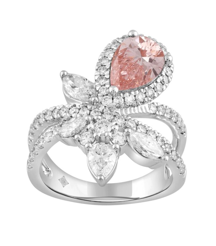 ETERNAL BLUSH COLLECTION 14K WHITE GOLD 3.00CT ROUND/PEAR/MARQUISE DIAMOND LADIES RING  (CENTER STONE PINK PEAR DIAMOND 1 1/2CT)
