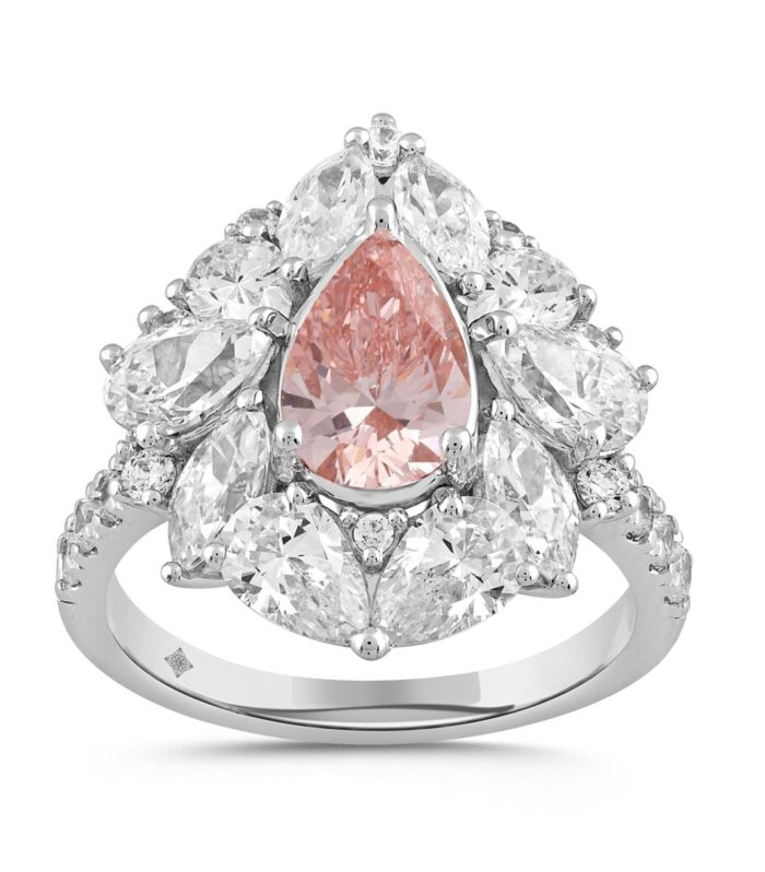 ETERNAL BLUSH COLLECTION 14K WHITE/ROSE GOLD 4 1/2CT ROUND/PEAR/MARQUISE DIAMOND LADIES RING (CENTER STONE PINK PEAR DIAMOND 2.00CT)