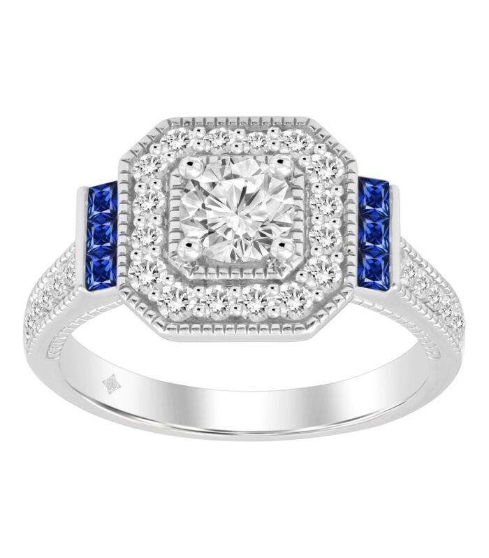LADIES RING 1CT ROUND/PRINCESS BLUE SAPPHIRE DIAMOND 14K WHITE GOLD (CENTER STONE ROUND DIAMOND 1/6CT )