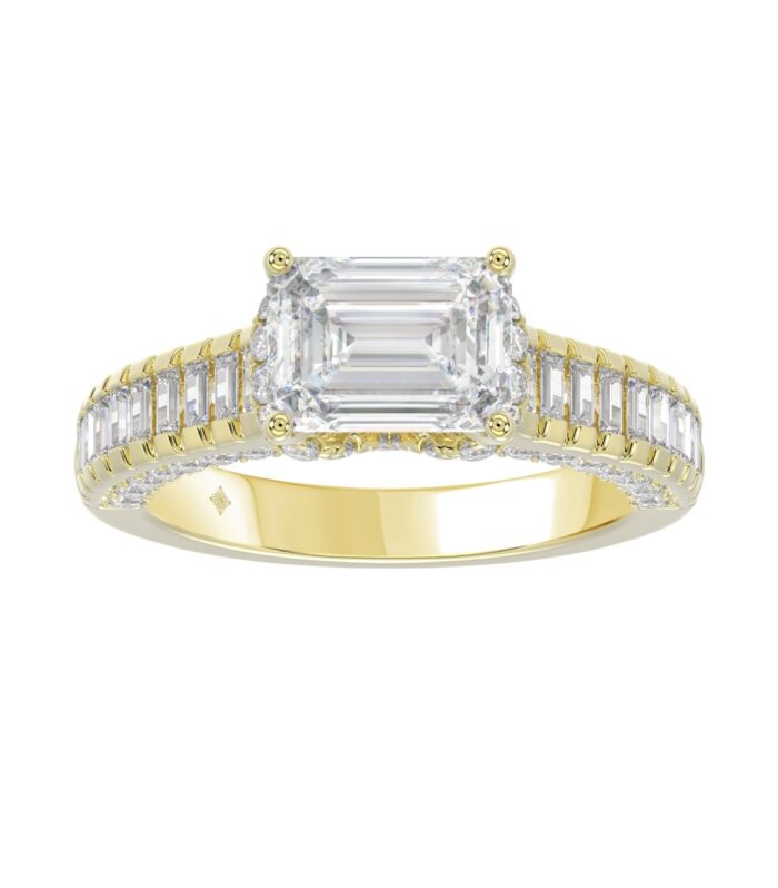 LADIES RING 3CT ROUND/EMERALD/BAGUETTE DIAMOND 14K YELLOW GOLD (CENTER STONE EMERALD DIAMOND 2.00CT)