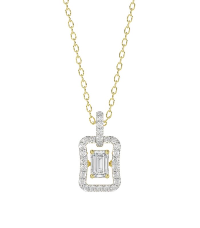 LADIES DANCING DIAMOND PENDANT WITH CHAIN 3/4CT ROUND/EMERALD DIAMOND 14K YELLOW GOLD (CENTER STONE EMERALD DIAMOND 1/2CT)