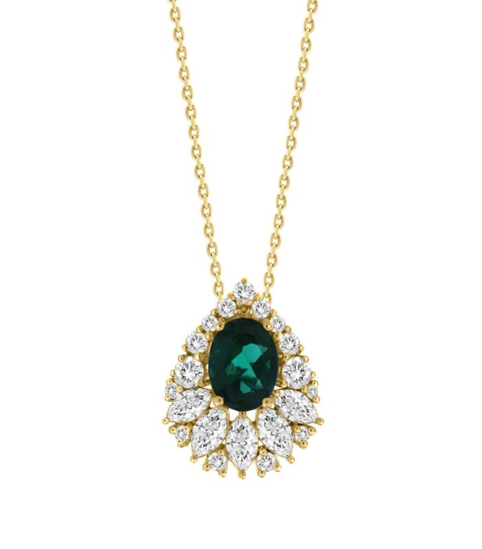 14K YELLOW GOLD 1.00CT ROUND/MARQUISE/OVAL DIAMOND LADIES PENDANT WITH CHAIN (CENTER STONE EMERALD OVAL DIAMOND 1 1/4CT)