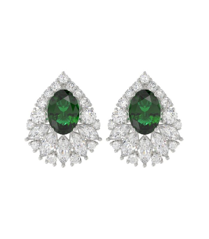 LADIES EARRINGS 4.50CT ROUND/MARQUISE/OVAL DIAMOND 14K WHITE GOLD (CENTER STONE GREEN EMERALD OVAL DIAMOND 2 1/2CT)