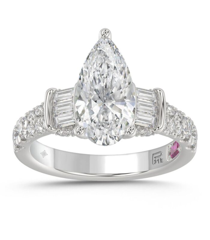 21K PLATINUM LADIES RING 2 3/4CT ROUND/PEAR/BAGUETTE DIAMOND (CENTER STONE PEAR DIAMOND 2CT)