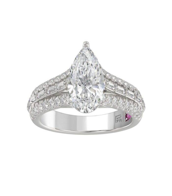 21K PLATINUM LADIES RING 2 3/4CT ROUND/PEAR/BAGUETTE DIAMOND (CENTER STONE PEAR DIAMOND 2CT)