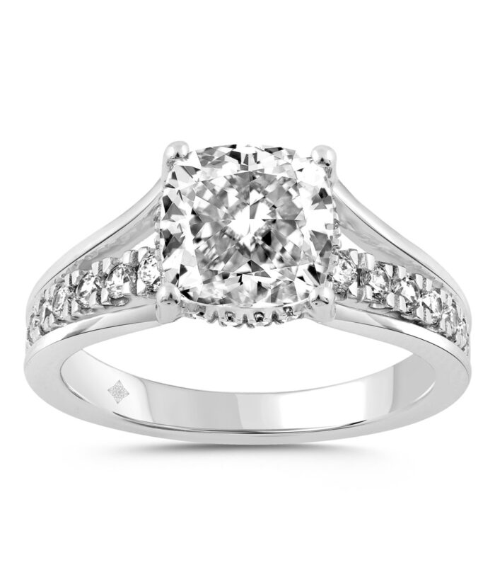 14K WHITE GOLD 2 1/2CT ROUND/CUSHION DIAMOND LADIES RING (CENTER STONE CUSHION DIAMOND 2CT)