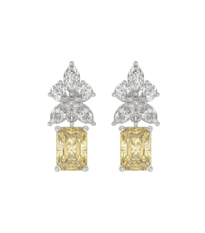 14K WHITE GOLD 3.00CT PEAR/MARQUISE/YELLOW RADIANT DIAMOND LADIES EARRING (CENTER STONE RADIANT DIAMOND 1CT)