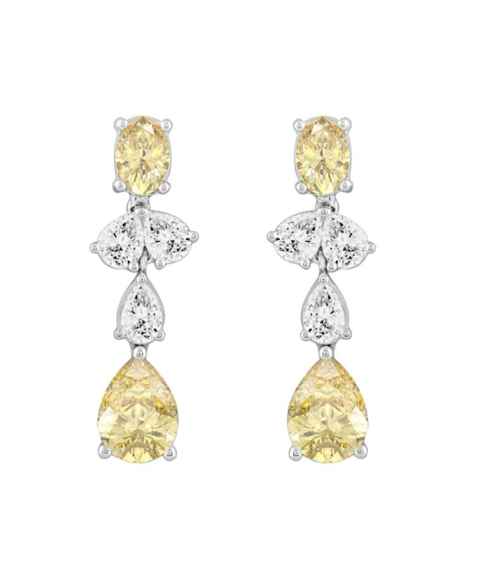 14K WHITE GOLD 3 1/2CT OVAL/PEAR DIAMOND LADIES EARRINGS (YELLOW PEAR DIAMOND 3/4CT/YELLOW OVAL DIAMOND 1/2CT)