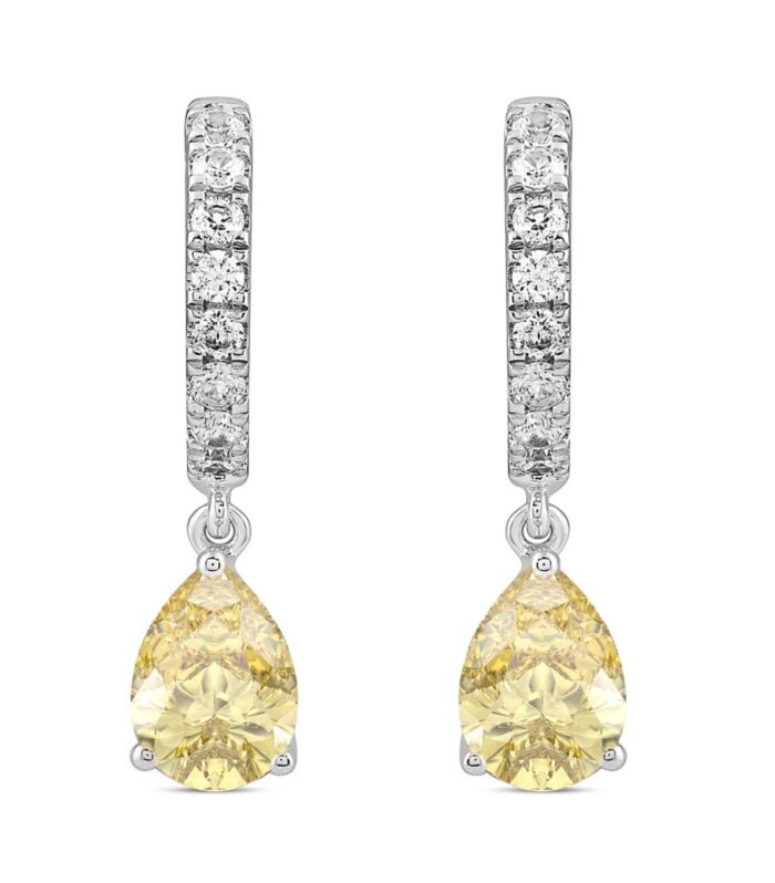 14K WHITE GOLD 2.00CT ROUND/YELLOW PEAR DIAMOND LADIES HOOP EARRINGS