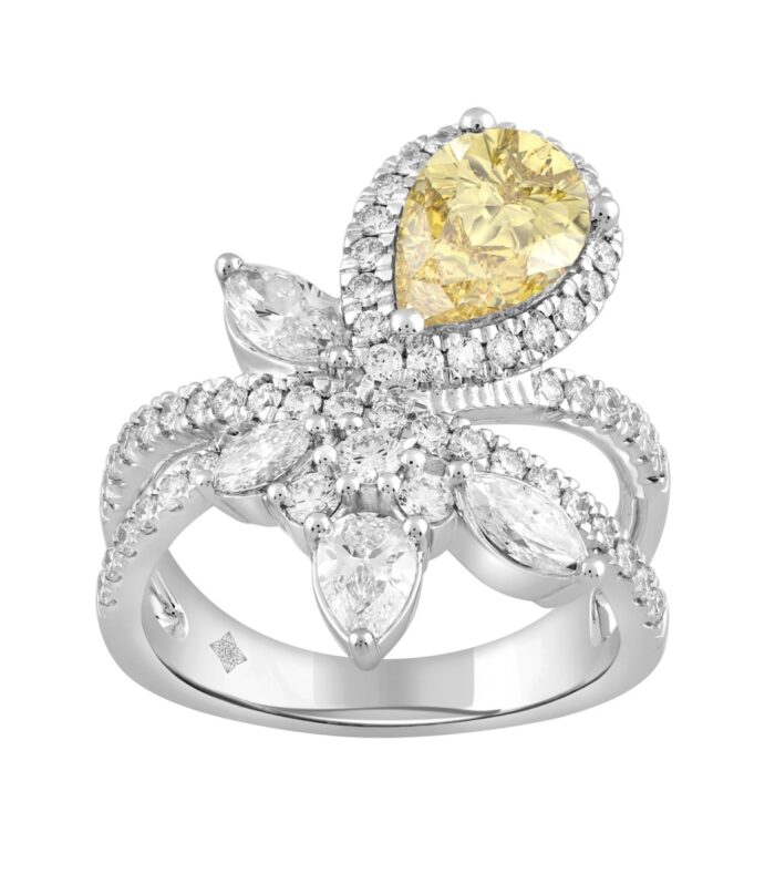 14K WHITE GOLD 3.00CT ROUND/PEAR/MARQUISE DIAMOND LADIES RING (CENTER STONE YELLOW PEAR DIAMOND 1 1/2CT)