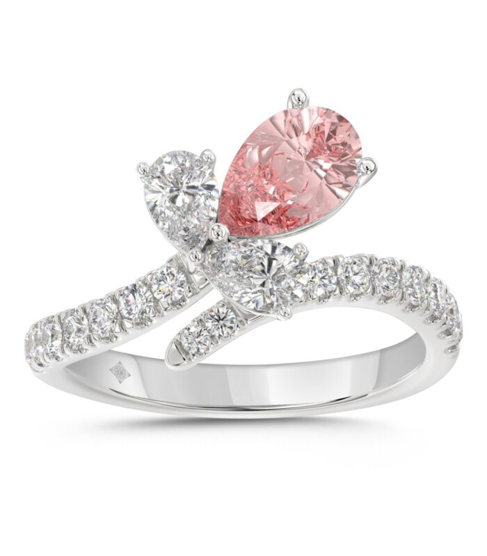 ETERNAL BLUSH COLLECTION 14K WHITE GOLD 1 3/4CT ROUND/PEAR/PINK PEAR DIAMOND LADIES RING (CENTER STONE PINK PEAR DIAMOND 1.00CT)