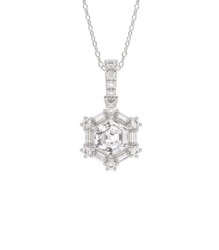 14K WHITE GOLD 1.00CT ROUND/BAGUETTE/HEZAGON STEP CUT DIAMOND LADIES PENDANT